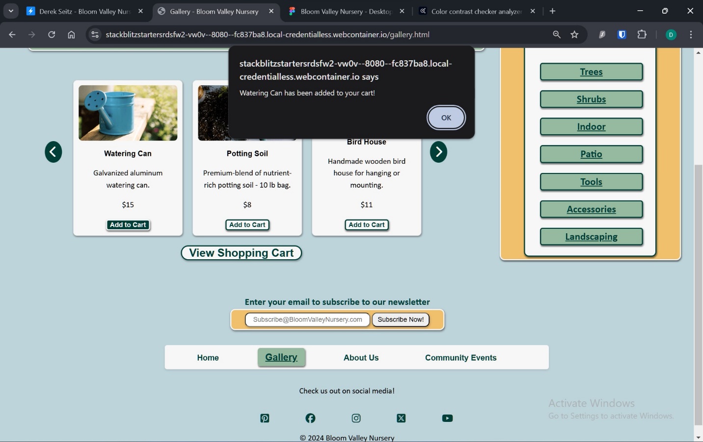 A screenshot of alert when item is added to cart