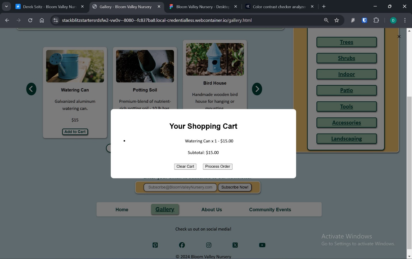 A screenshot of the view cart feature after an item was added