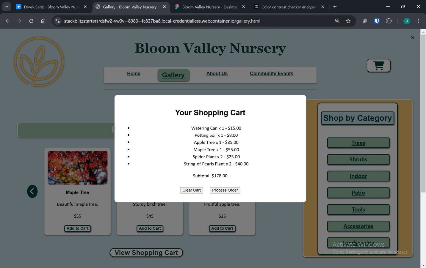 A screenshot of the view cart feature with multiple items added