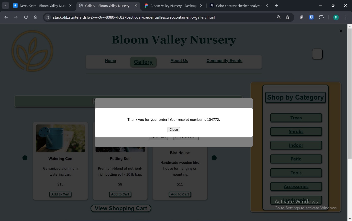 A screenshot of the confirmation that the order has been processed