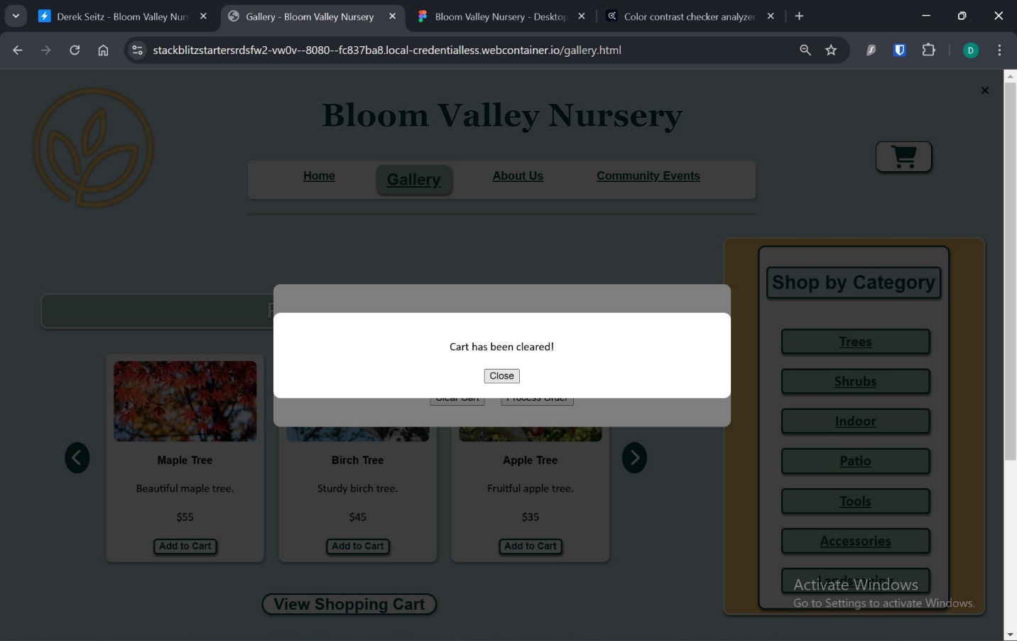 A screenshot of the confirmation that cart was cleared