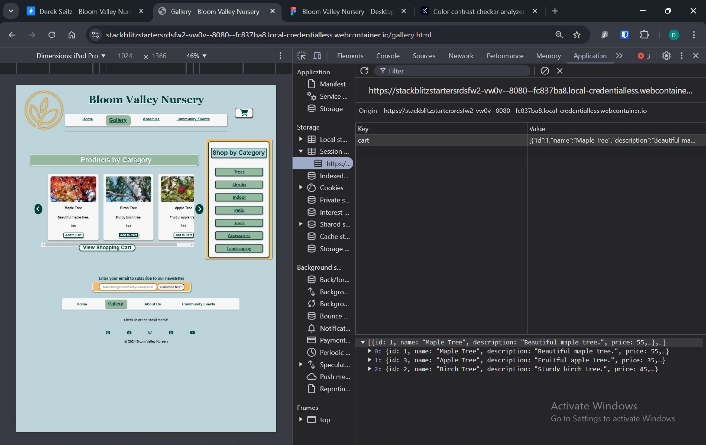 A screenshot of sessionStorage with an item in cart