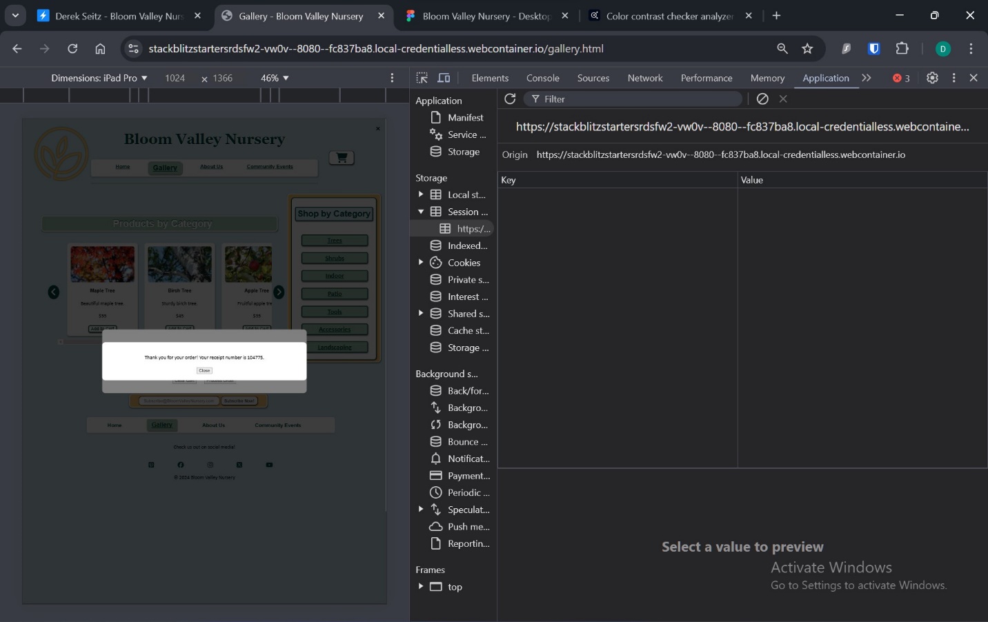 A screenshot of sessionStorage as order is processed