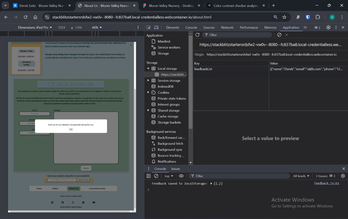 A screenshot of localStorage after feedback form submission
