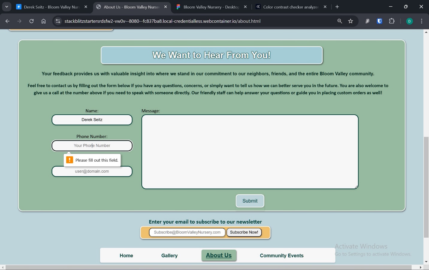 A screenshot of phone number input validation in feedback form