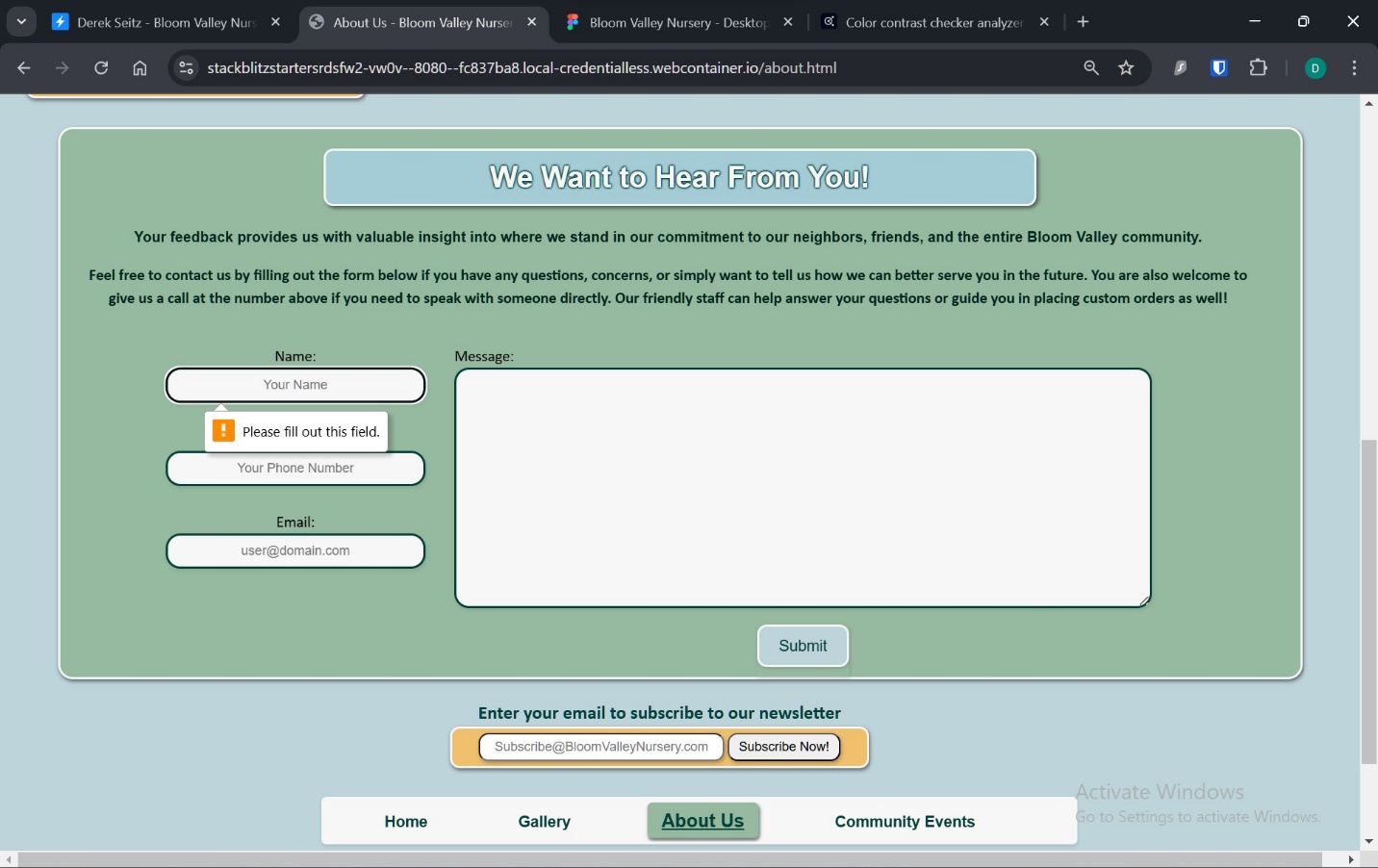 A screenshot of name input validation in feedback form