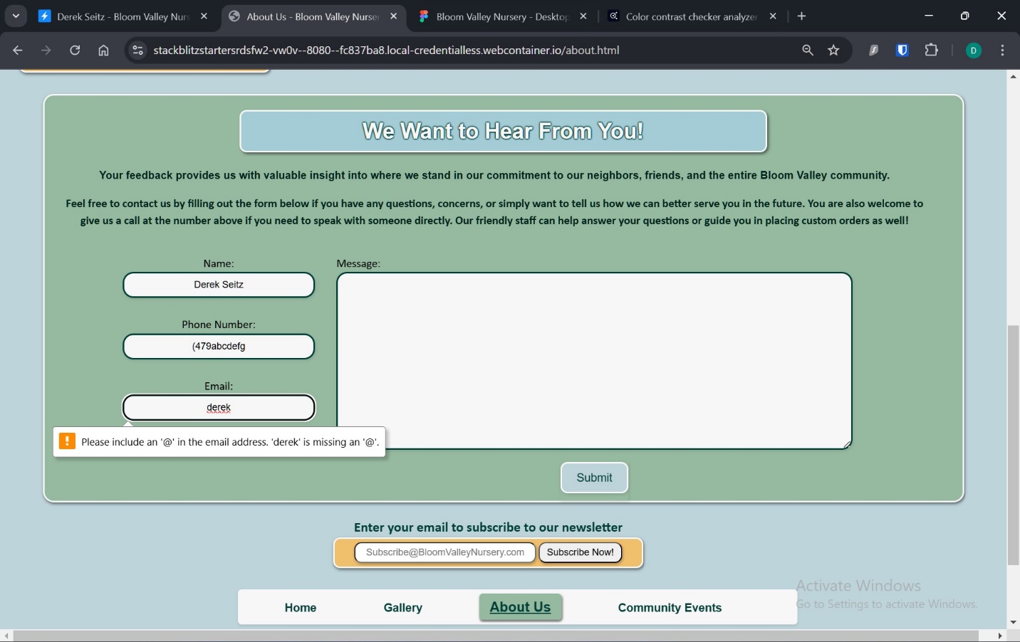 A second screenshot of email input validation in feedback form