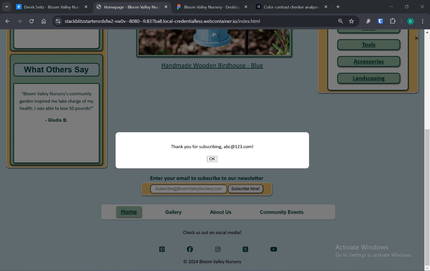 A screenshot of confirmation of newsletter subscription